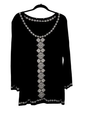 Black White Embroidered Rayon Tunic Boho Style Long Sleeve Mini Dress